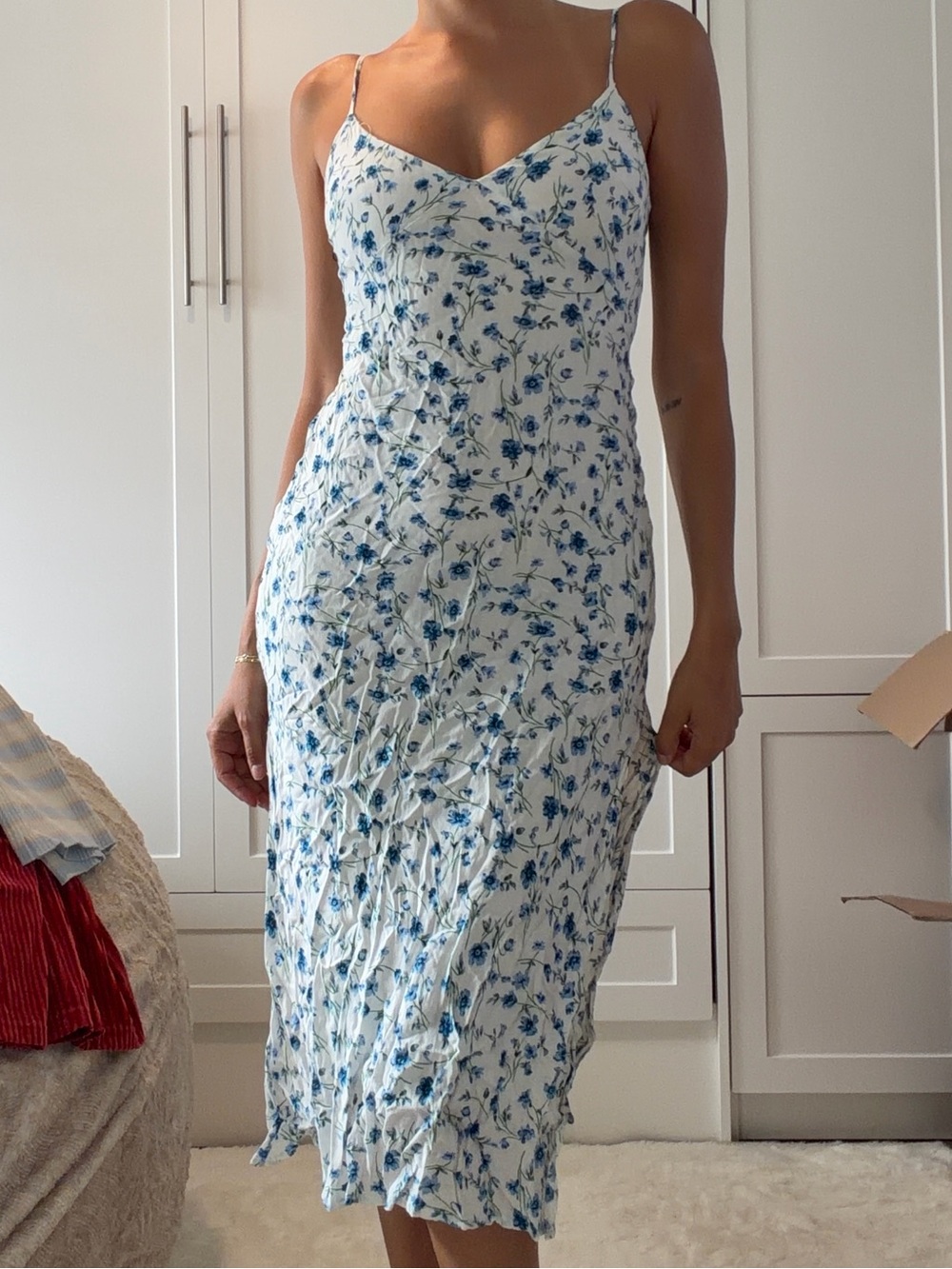 Blue Floral Midi Slip Dress with Spaghetti Straps